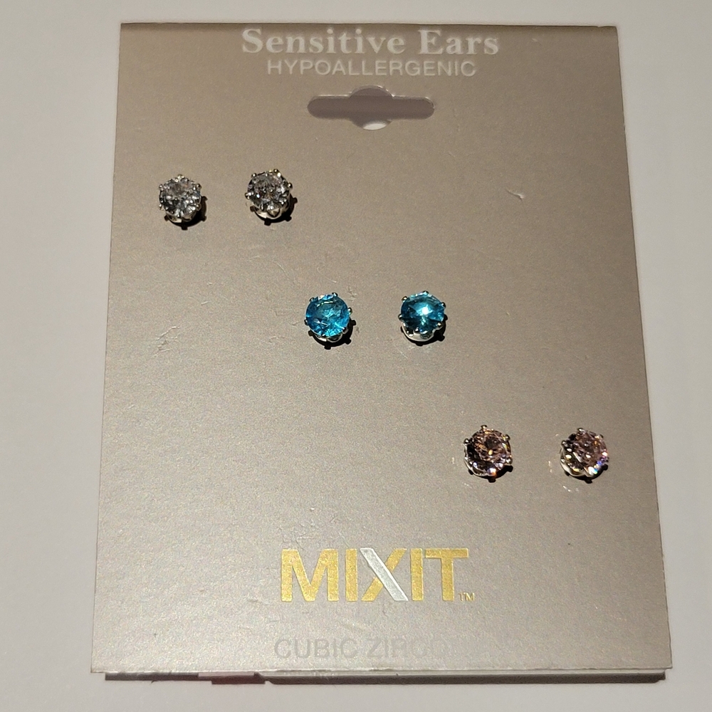 3 Pairs of Mixit Cubic Zircon Stud Earrings